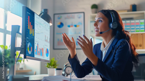 Professional woman wearing headset presenting information during online meeting or training session