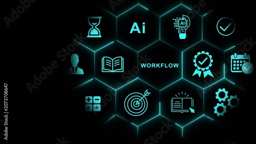 Artificial intelligence workflow concept with glowing hexagonal digital business automation and data management technology background animation