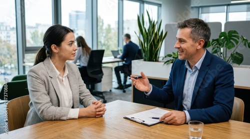 Business professionals in modern office setting discussing career advancement and contract details during a one on one meeting