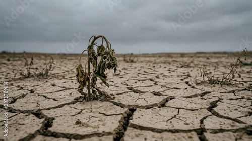 A withered plant stands alone on a cracked, barren landscape under a cloudy sky. The dry soil is deeply furrowed, indicating severe drought conditions.
