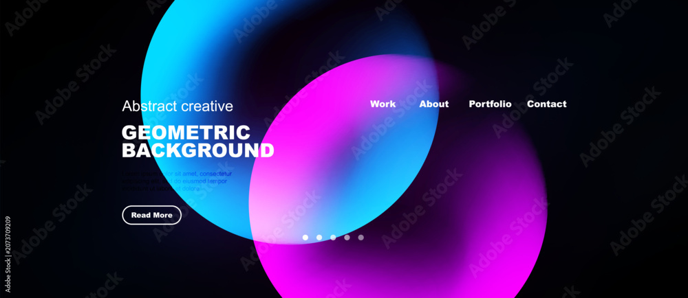 Naklejka premium Abstract design features vibrant gradients, geometric shapes, dark background. Minimalist website header includes navigation options, button.