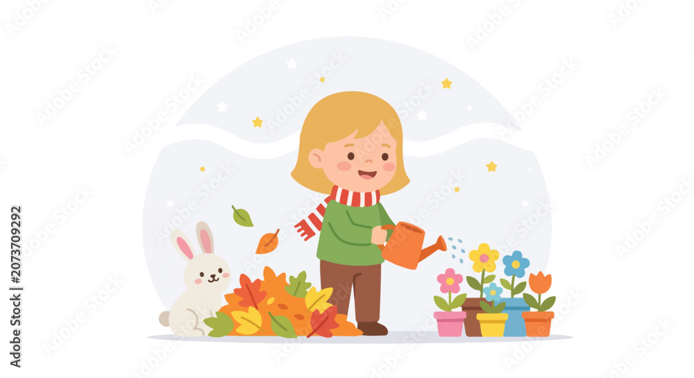 Naklejka premium A cute blonde girl wearing a scarf is watering colorful potted flowers next to a white rabbit and a pile of autumn leaves in a vector art.