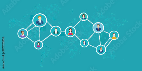 Photos Network illustration with stylized human figures and connecting lines on teal ba