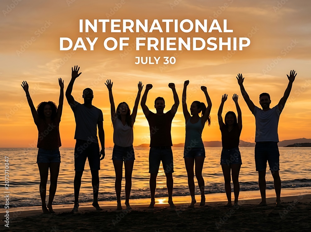 Fototapeta premium Group of happy friends celebrating together at sunset on the beach for international friendship day