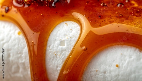Macro shot of golden caramel sauce generously dripping onto a soft, porous white marshmallow texture.