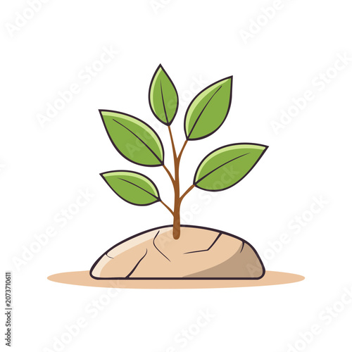 Young plant growing from a rock, flat vector illustration