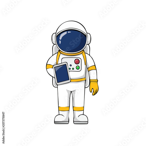 Astronaut holding tablet in space suit vector illustration
