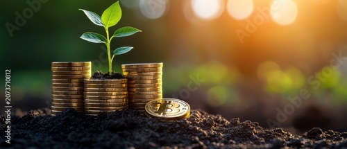 Green plant growing out of stack of golden coins representing financial growth and investment