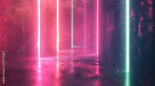 Abstract neon tunnel background with glowing pink and cyan light vertical rectangles and foggy dark textured concrete walls surface