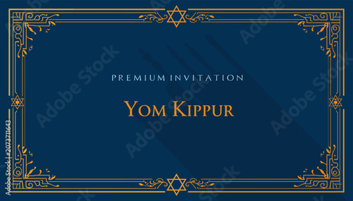 Photos A premium invitation card for Yom Kippur with an elegant gold border and Star of David motifs on a deep blue background