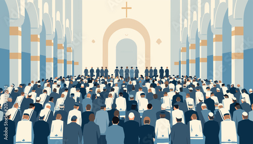Fotografie A large congregation of people gathered inside a grand church, attending a religious service with a cross prominently displayed at the altar
