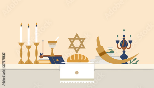 Tableau sur toile An illustration depicting various Jewish religious and cultural symbols including candles, a Kiddush cup, Star of David, challah, shofar, and menorah on a table
