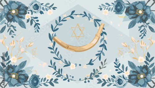 Obraz na płótnie Elegant illustration of a shofar with a Star of David, surrounded by a delicate floral wreath of blue and white flowers, set against a light blue background, symbolizing Jewish holidays and tradition