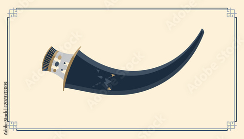 Foto Stylized illustration of a dark blue curved dagger with a decorative hilt and gold accents, set against a light background with a border