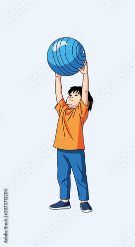 Young Person Demonstrating Core Strength and Body Control While Holding a Sphere Upward