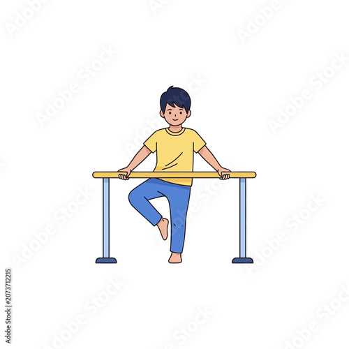 Youngster Balancing On One Leg While Holding a Bar, Gymnastics Practice and Exercise