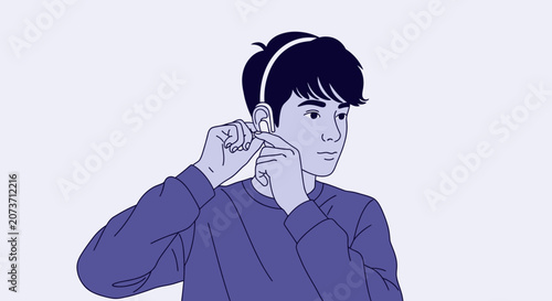 Young Person Adjusting Wireless Earbud, A Modern Illustration on Pale Backgrounds