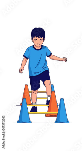 Youngster Exercises Agility on Cones and Bars Performing Coordination Drills for Physical Fitness