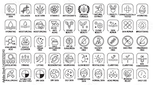 Comprehensive set of cosmetic ingredient and beauty product certification icons with cosmetic
