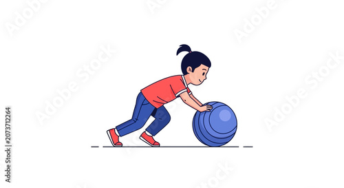 Youngster Exercises with Large Blue Ball for Healthy Lifestyle and Recreation