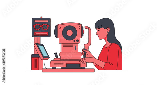 Woman Undergoing Eye Examination with Specialized Equipment in Medical Illustration