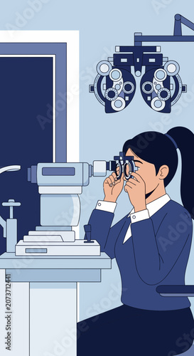 Woman Undergoing Eye Examination, Utilizing Optical Instruments for Vision Assessment and Diagnosis