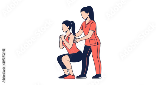Woman Undergoing Physiotherapy Squat Exercise Supervised by a Medical Professional