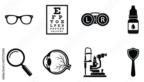 Konstfotografi Ophthalmology and eye care vector icon set in flat solid and outline style isola