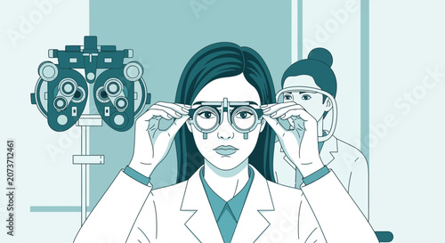 Woman Undergoing Vision Checkup In Optometry Clinic With Assistant And Equipment