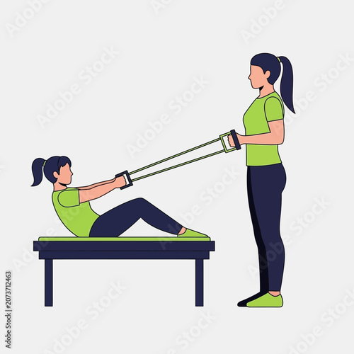 Woman Undergoing Strength Training With Assistance From a Fitness Professional and Resistance Bands