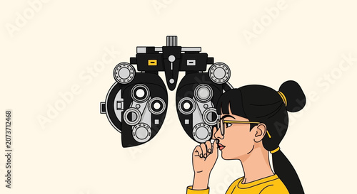 Woman Undergoing Vision Test Examination with Photoropter in Ophthalmologist's Office Setting