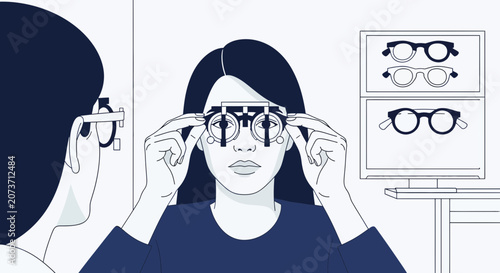 Woman Undergoing Vision Test in Optometrist's Office with Different Eyeglasses Selection
