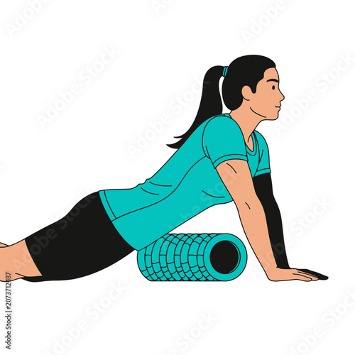 Woman Uses Foam Roller for Back Stretching and Core Stability Exercise on White Background