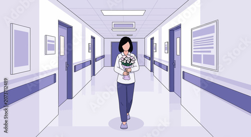 Woman Walking In Hospital Corridor With Flowers, Offering a Gesture of Hope
