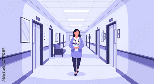 Woman Walking In Hospital Corridor While Holding Flowers With Appreciation