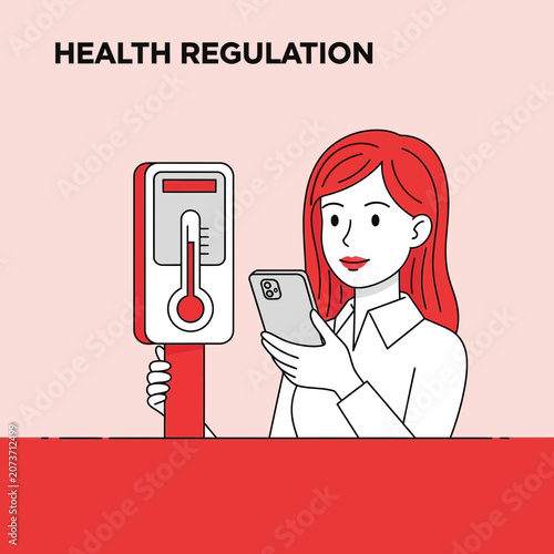 Woman Using Mobile Phone Near Thermometer Indicating Health Regulations and Safety Protocols