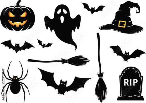 halloween silhouette icons with pumpkin ghost witch hat bats broom spider and tombstone for spooky festive design