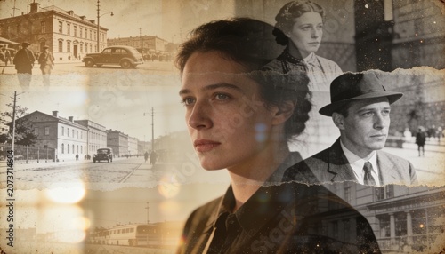 Nostalgic Glimpse: A poignant portrait of a woman's thoughtful gaze layered over vintage black and white scenes of urban life, evoking a sense of history and memory.