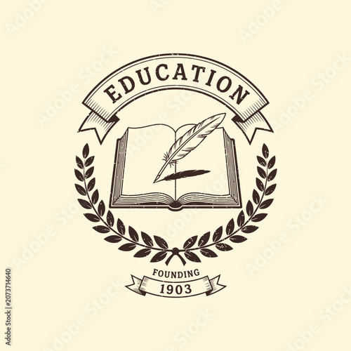 Vintage Education Emblem with Open Book and Quill Pen Academic Badge