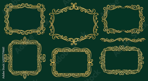 Ornate Golden Vintage Frames Collage on Dark Green Background