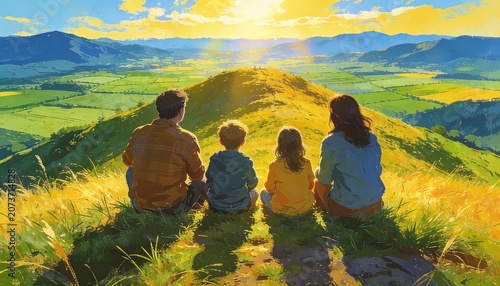 Family Summit Serenity: A family of four sits atop a rolling hill, gazing at a breathtaking sunset that bathes the vast, green landscape in golden light. A moment of shared peace and wonder.