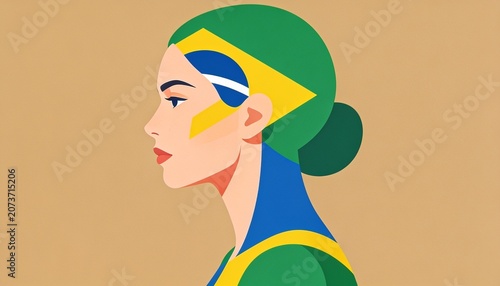 Brazilian Woman Portrait: A stylized portrait of a woman adorned with the colors and symbols of the Brazilian flag, embodying national pride and cultural identity.