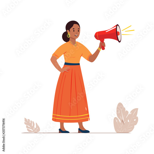 Woman holding megaphone in orange dress, flat vector illustration