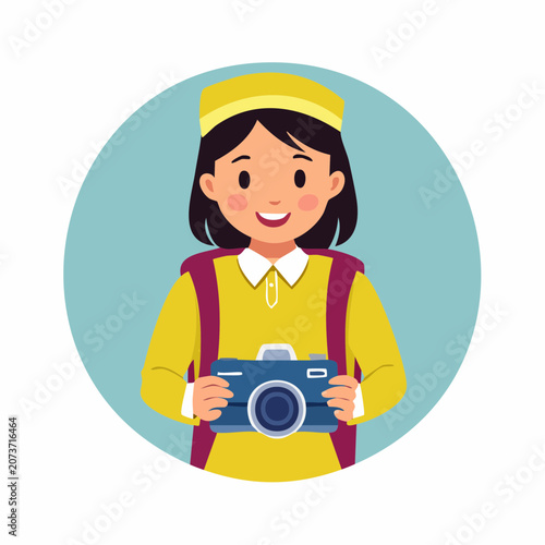 Young girl holding a camera, wearing a backpack