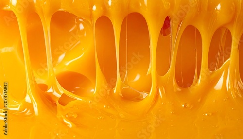 Abstract macro shot of viscous liquid, orange cheese stretching and dripping, creating a mesmerizing texture.