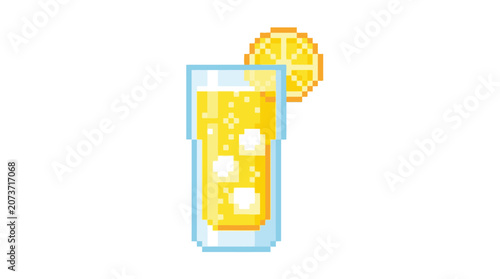 Pixel Art Refreshing Orange Juice Drink with Ice and Lemon Slice.
