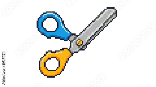 Pixel Art Scissors Icon Blue and Yellow Handles.