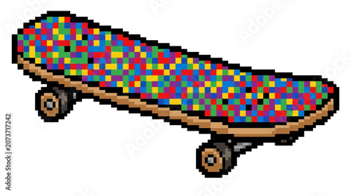 Pixel Art Skateboard with Colorful Pattern Design.