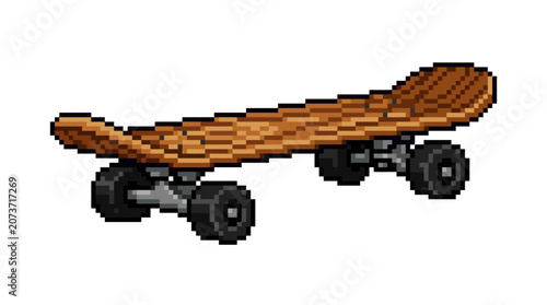 Pixel Art Skateboard Wooden Design Isolated.