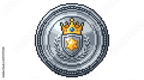 Pixel Art Silver Coin with Crown and Laurel Wreath.
